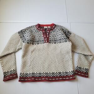 L.L.Bean Sweater Womens Small White Merino Wool Fair Isle Henley Ski Nordic